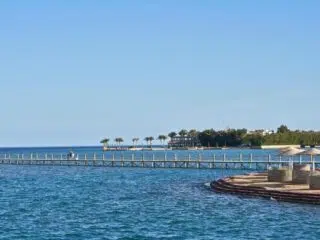 Drewniane molo nad lazurową wodą El Gouny, palmy i budynki w tle - idealne miejsce na wyjazdy kitesurfingowe z KiteAway.