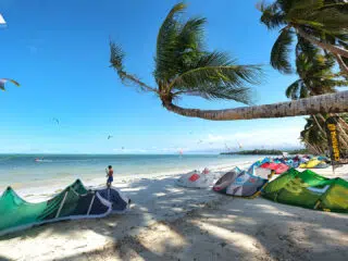 Kolorowe latawce na piaszczystej plaży KiteAway, kite camp i wyjazdy kitesurfingowe, kurs kitesurfingu na tle palm i oceanu.