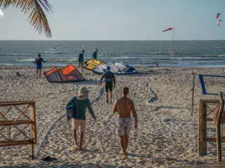 Plaża z palmami, kolorowe latawce KiteAway, kurs kitesurfingu - uczestnicy kite camp cieszą się idealnym kite spotem.