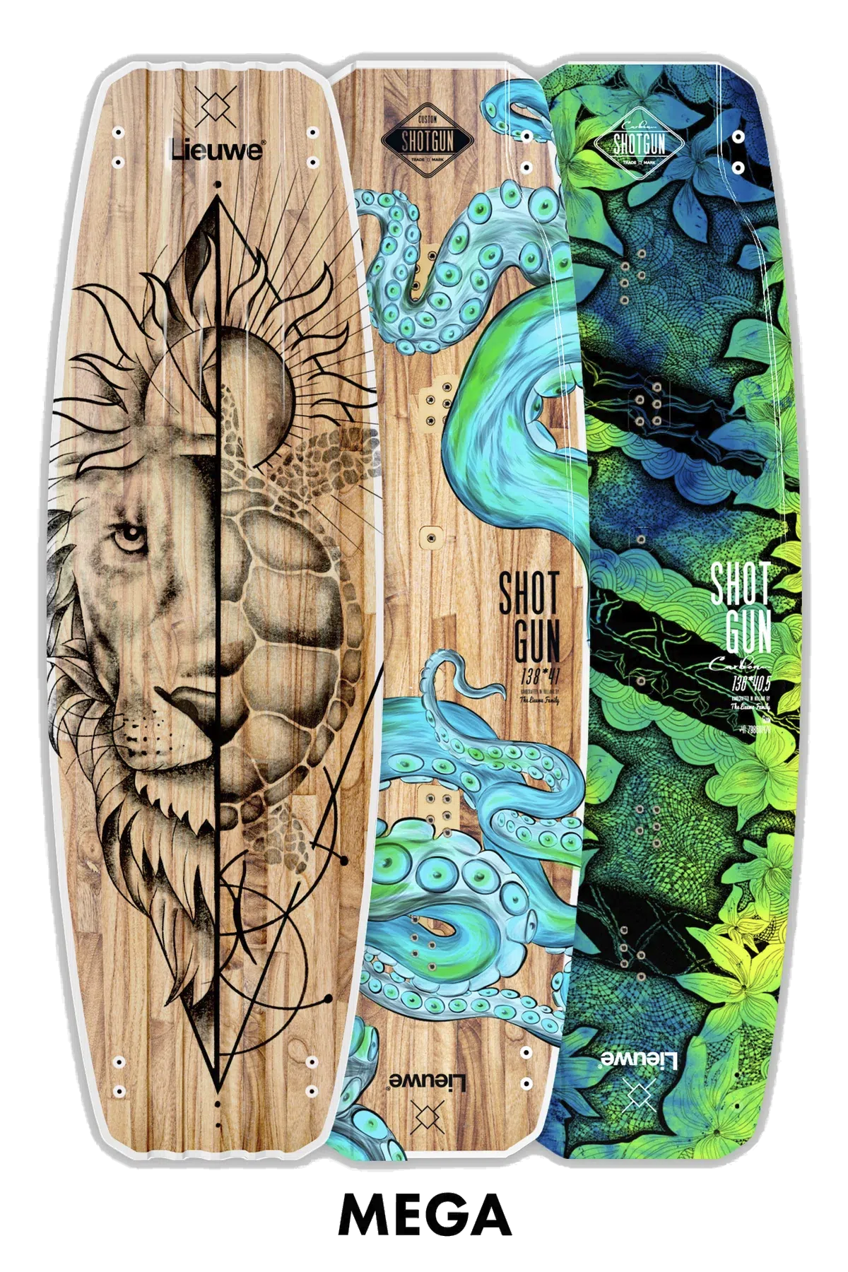 Trzy żywe deski do kitesurfingu: lew, ośmiornica i kameleon, a pod nimi branding "MEGA".