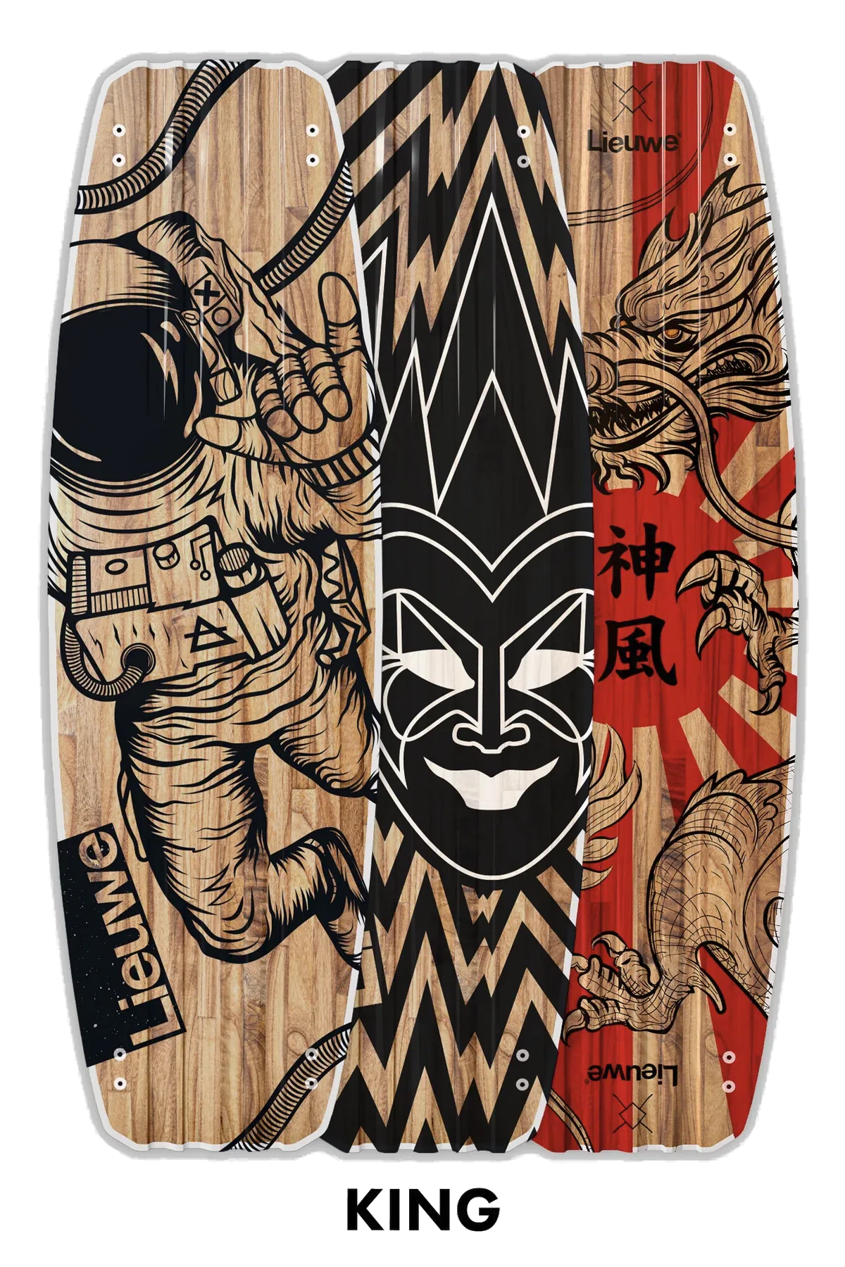 Kiteboard z dynamicznym, kolorowym wzorem: astronauta, maska tribal i dym azjatycki na tle drewna; napis KING pod spodem.