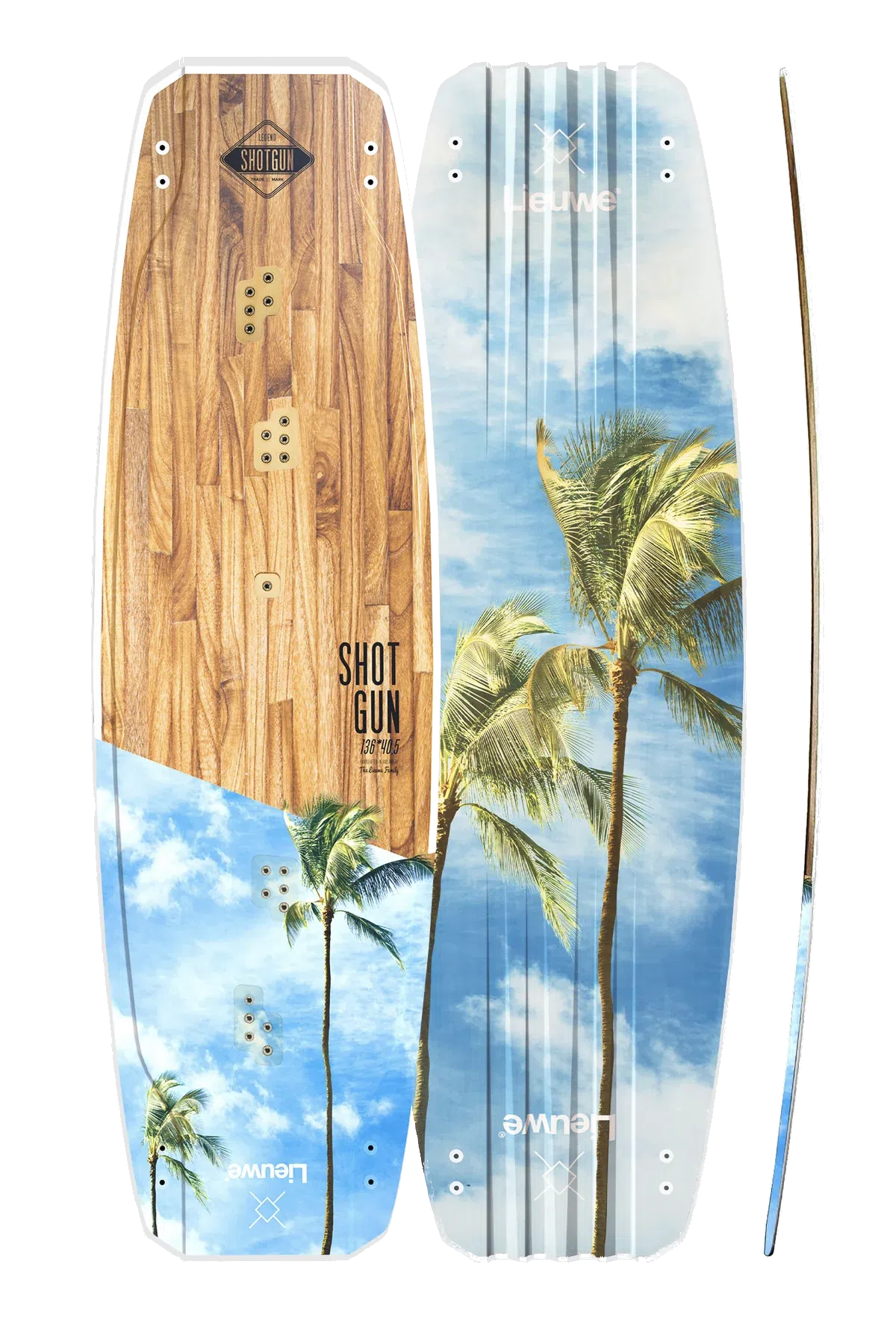 Trzy widoki deski kite: drewnopodobna góra z logo SHOTGUN, niebo i palmy na dole, smukły zakrzywiony profil z boku.