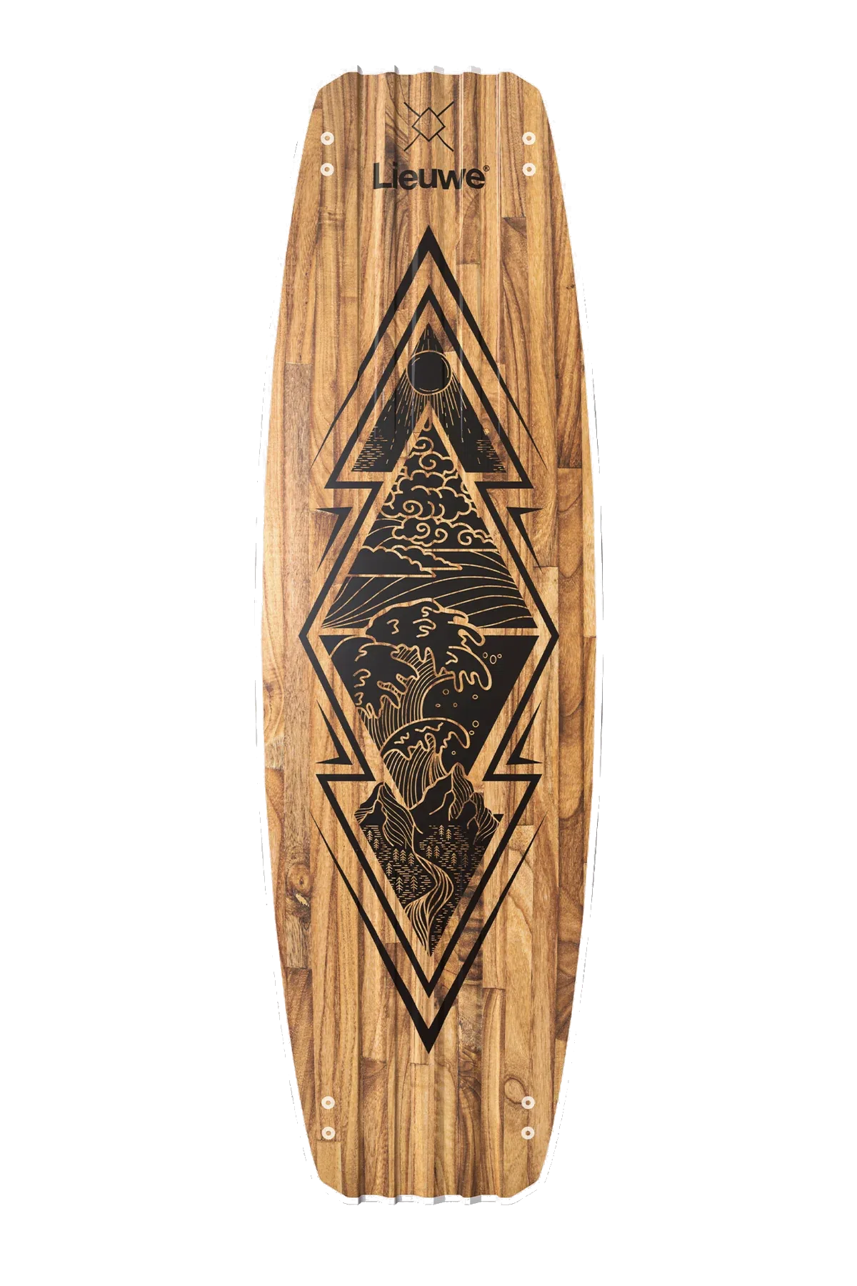 Kiteboard Leuwe z drewna, geometryczny czarny wzór z falami, górą i słońcem. Naturalne wykończenie, idealne do kitesurfingu.