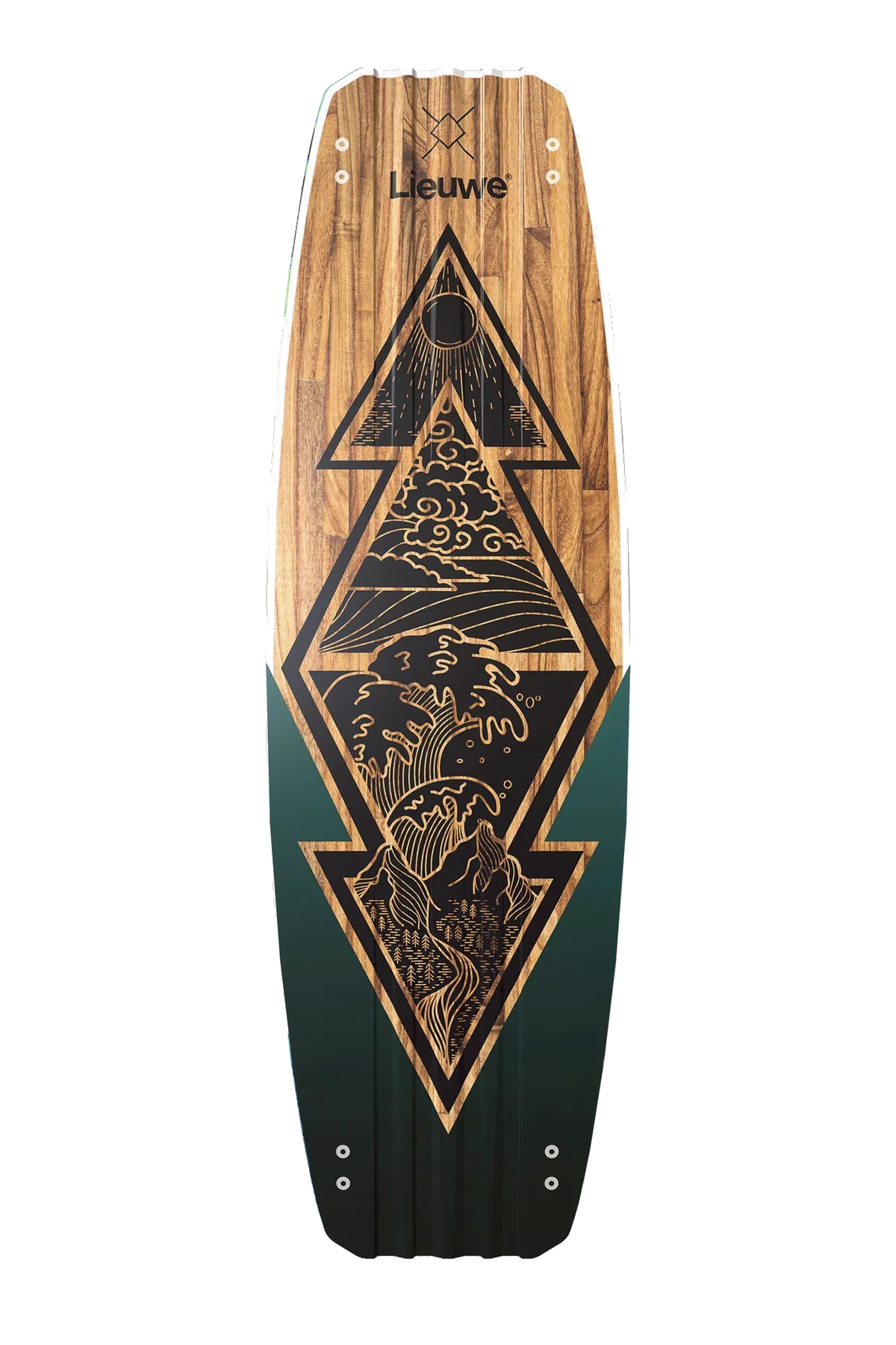 Deska do kitesurfingu z drewnianym wzorem, ciemnozielonym spodem i czarną grafiką fal; logo Leuwe u góry.