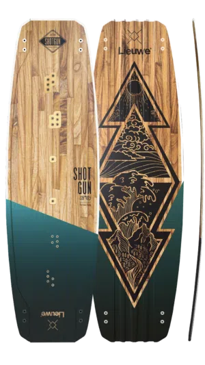 Trzy widoki kiteboardu: z góry, z dołu i z boku. Zielony gradient, wzór słojów drewna, fale i sztuka koi; widoczne logo Levue Shot Gun.