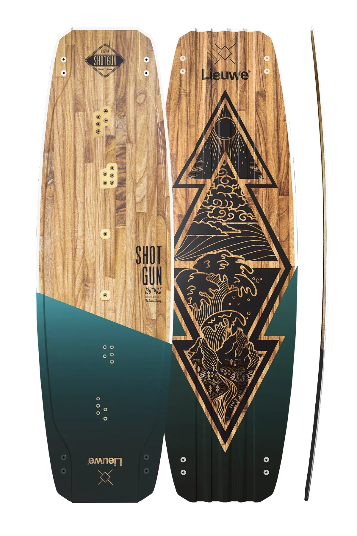 Trzy widoki kiteboardu: z góry, z dołu i z boku. Zielony gradient, wzór słojów drewna, fale i sztuka koi; widoczne logo Levue Shot Gun.