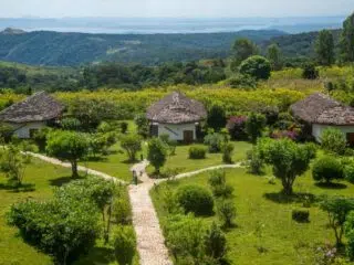 Trzy domki ze strzechą w otoczeniu zieleni-idealne miejsce na relaks po kite camp KiteAway, z widokiem na góry i jezioro.