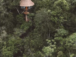 Drewniany domek na drzewie pośród tropikalnej zieleni z widokiem na rzekę - idealne miejsce po dniu pełnym emocji na wyjeździe kitesurfingowym z KiteAway.